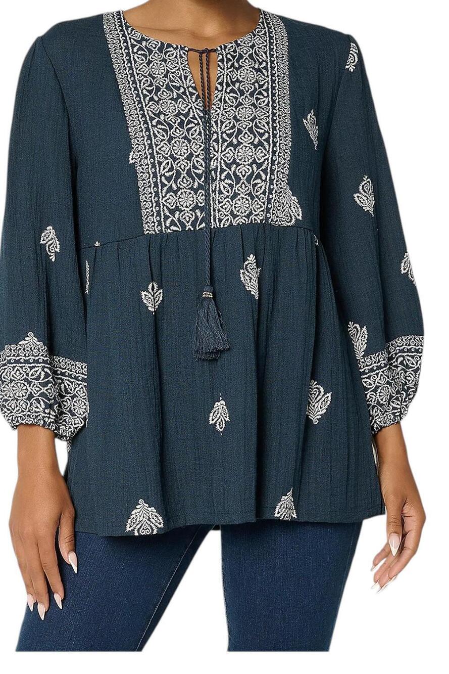 Susan Graver Passport Women's Printed Textured Sheer Woven Tunic Navy - Regular
